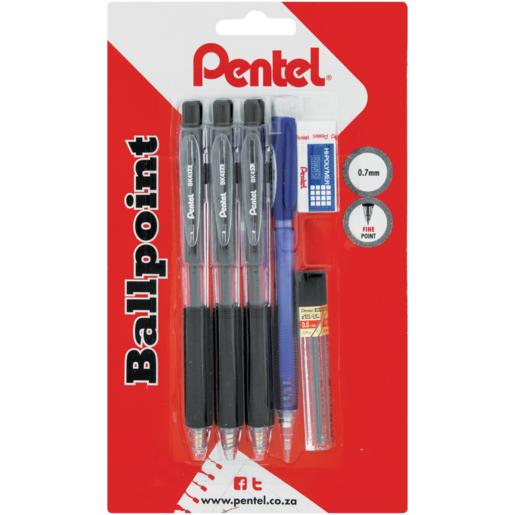 Pentel Black Ballpoint Pens Plus Clutch Pencil With Lead And Eraser 6 Piece
