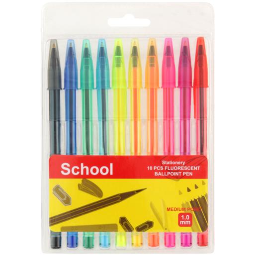 School Assorted Fluorescent Ballpoint Pens 10 Pack