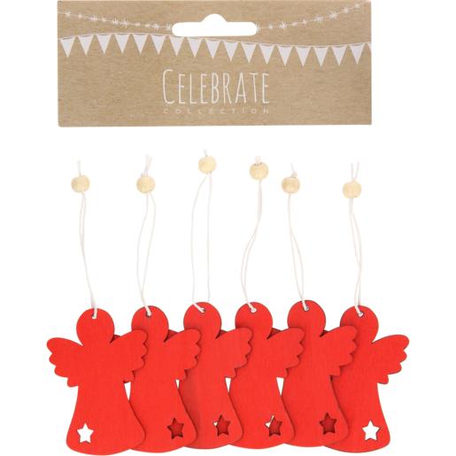 Red Wooden Angel Christmas Tree Decorations 6 Pack