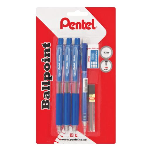 Pentel Blue Ballpoint Pens Plus Clutch Pencil with Lead & Eraser 6 Piece