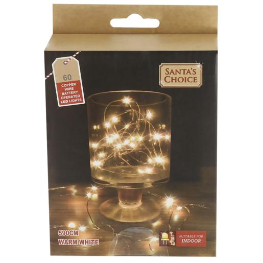 Santa’s Choice Copper Wire Battery-Operated LED Lights 60 Bulbs